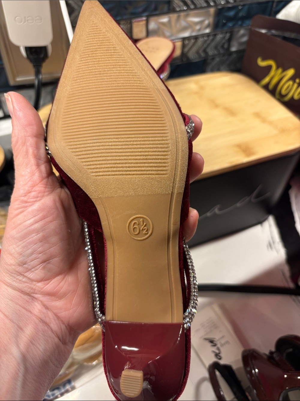 a new day Burgundy Velvet Pointed Mules with Crystal Bow Trim - Picture 3 of 6